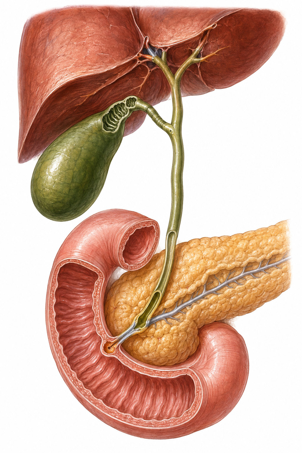 Magnified realistic normal extrahepatic biliary anatomy showing hepatic ducts, gallbladder, cystic duct, common bile duct, pancreas and duodenum