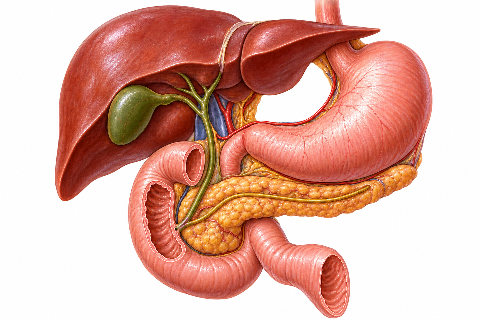 Realistic normal regional hepatobiliary anatomy showing the liver, gallbladder, biliary tree, stomach, pancreas and duodenum