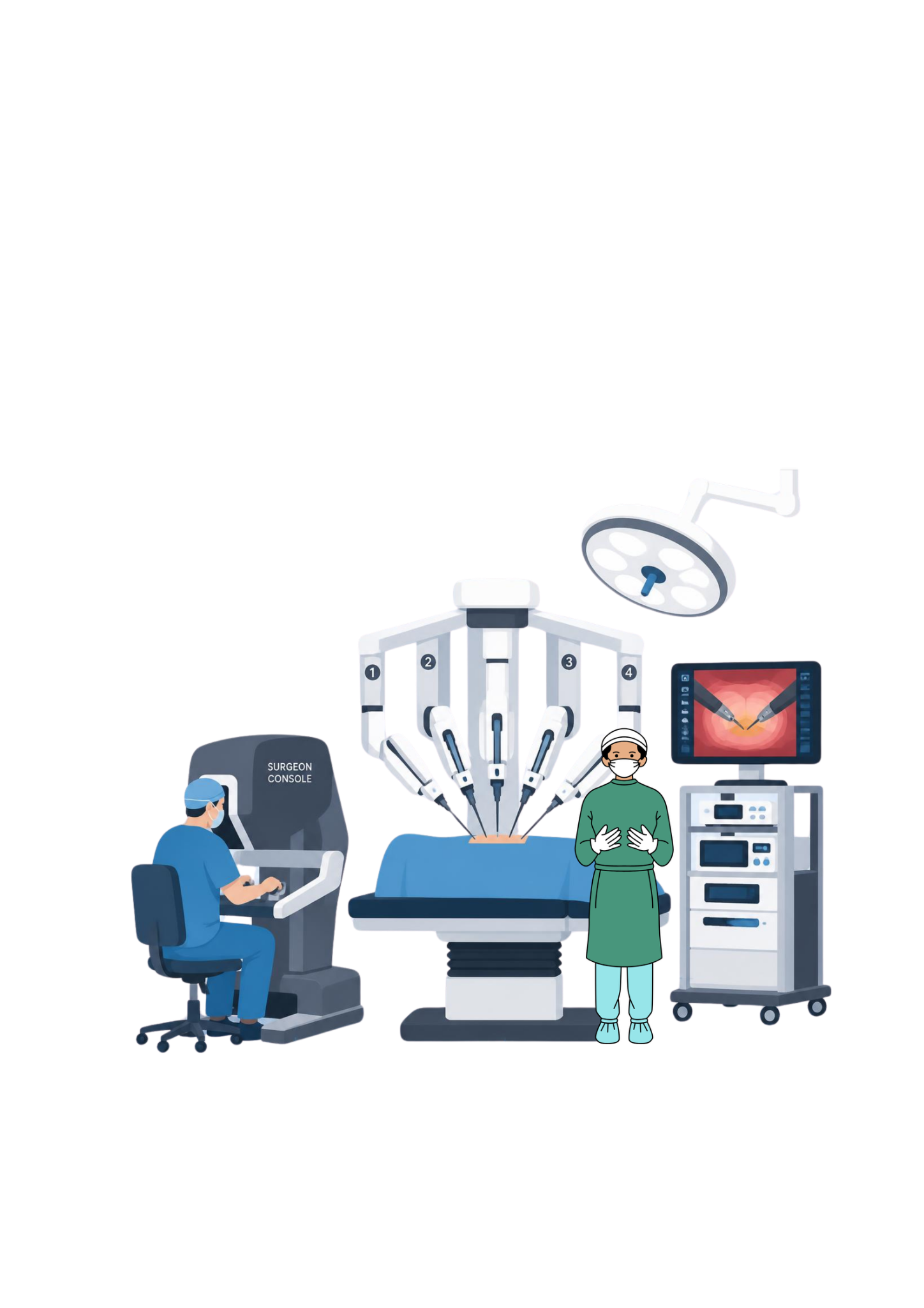 Illustrated robotic operating room showing the surgeon console, four-arm patient cart, operating table, bedside surgeon and vision cart